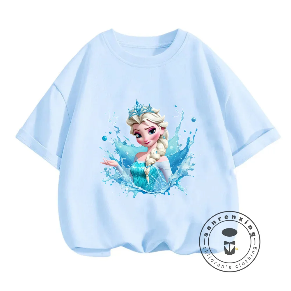 Стильная летняя одежда Принцессы Диснея Эльзы, прекрасные милые рубашки с круглым вырезом для девочек, идеально подходят для крутого игривого образа, обратите внимание на детали