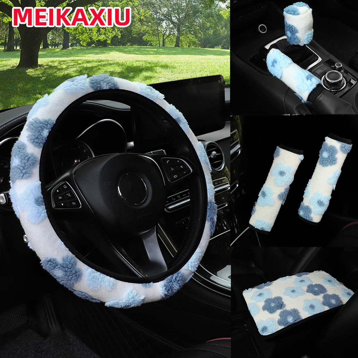6pc Plush Large Flower Car Without Inner Ring Steering Wheel Cover Shoulder Cover Armrest Pad Handbrake Cover File Set for Women
