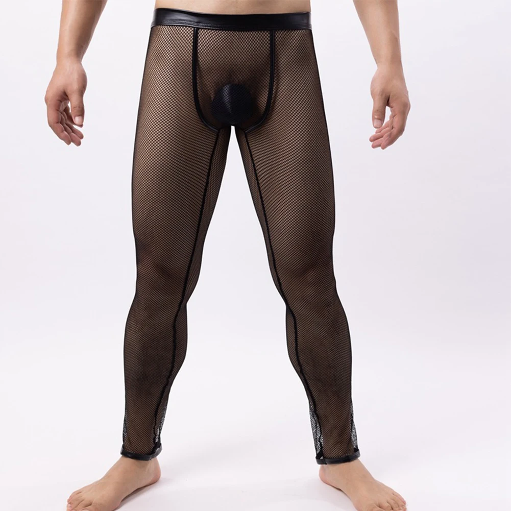 Calça lounge arrastão pura malha ultra-fina masculina, veja através de calças de bolsa, leggings leves e apertadas, roupa interior erótica gay