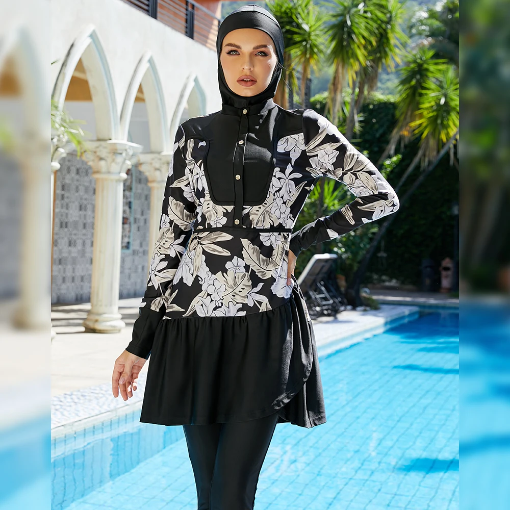 

3pcs Burkini Women Muslim Modest Swimsuit Hijab Long Sleeve Print Islam Swimwear Conservative Bathing Suit Maillot De Bain