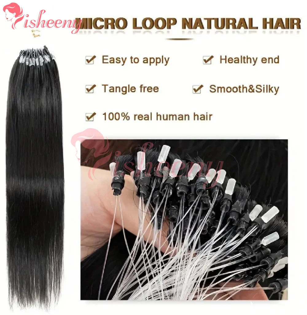 Isheeny Micro Ring Hair Extensions  Real Human Hair Straight Micro Bead Loop Hair Multiple Dark Colors Natural Black Dark Brown Chestnut Brown Available Remy Micro Links Hair Extensions For Women Salon Hairstyle