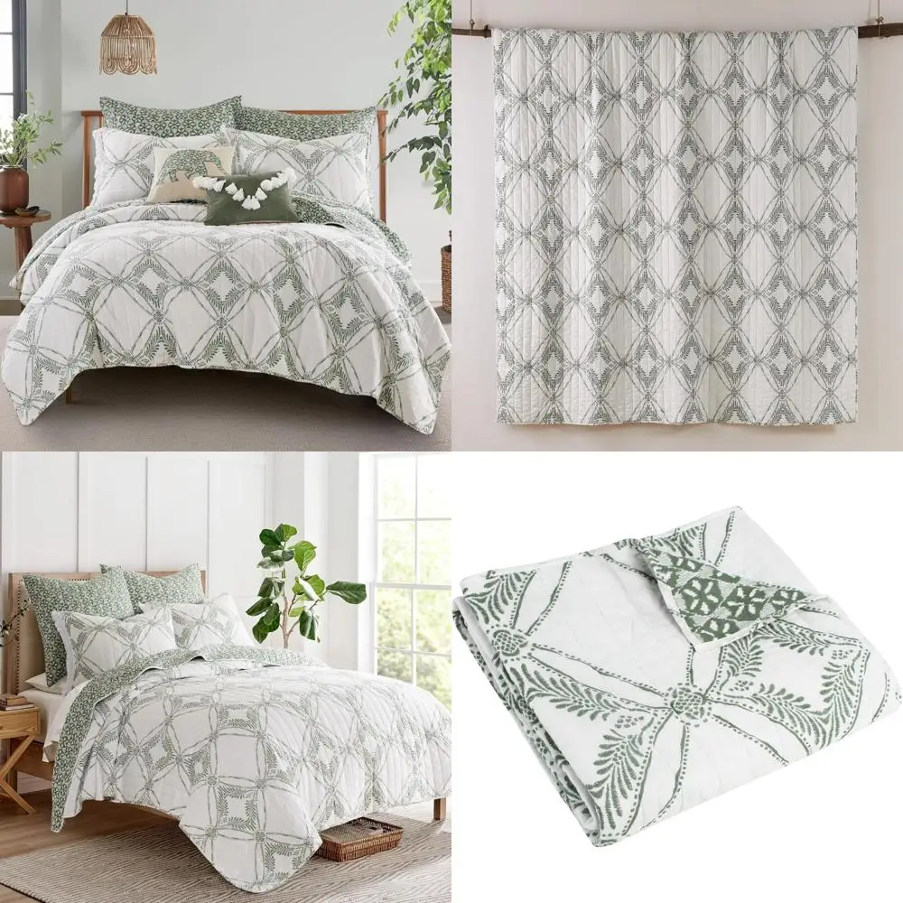 

Kemala Sage Quilt Set - King Size with Two Pillow Shams - Medallion Pattern in Sage and Cream