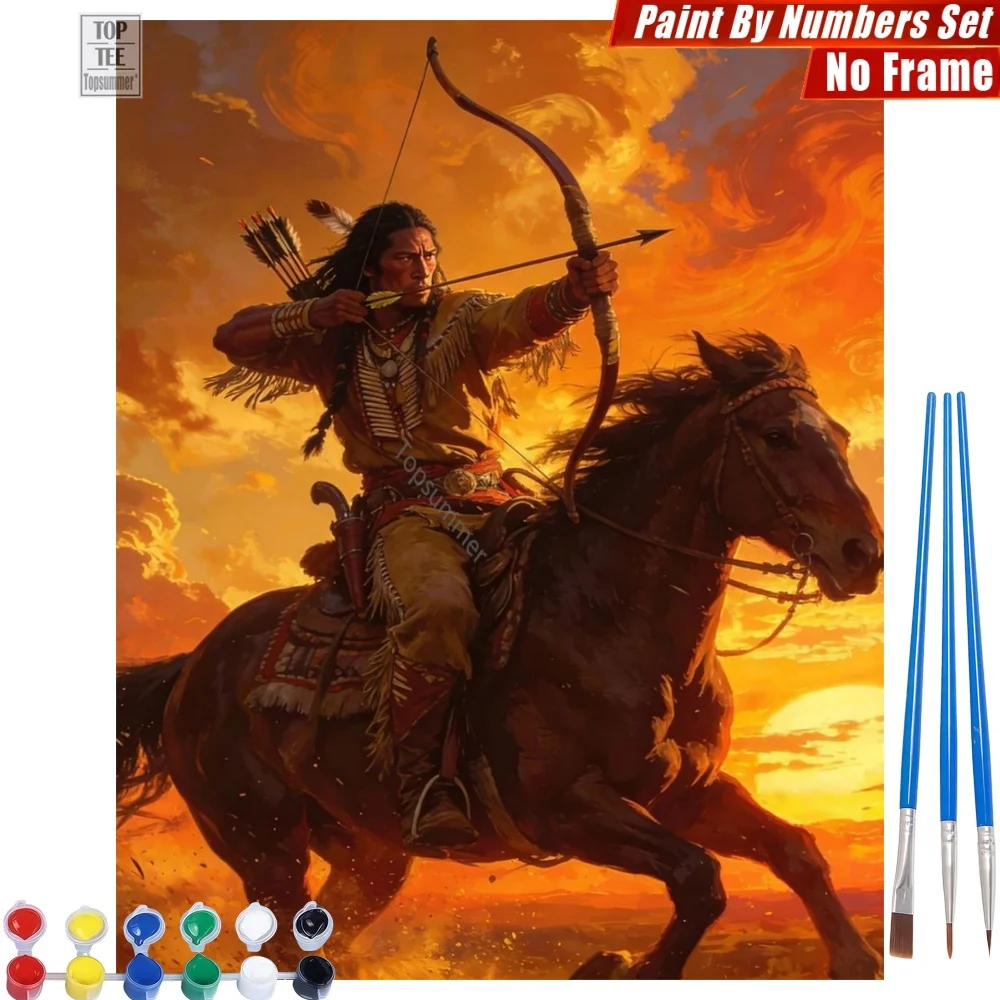 

Набор для цифровой живописи маслом Sunset Native Archer - Картина с изображением верховой езды и лука, декор для гостиной, подарок на День отца для мужа