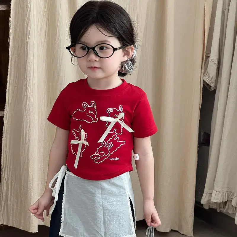 

2025 Summer New Children Short Sleeve T Shirts Cotton Girls Cartoon Print Cute Bow Tee Baby Versatile Casual Tops Kids Clothes