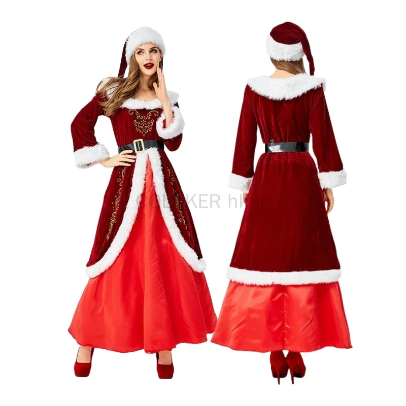 فستان سانتا المطابق لعيد الميلاد للأم والبنت، فستان طويل مخملي أحمر مع حزام مزخرف فروي للنساء والفتيات في عيد الميلاد