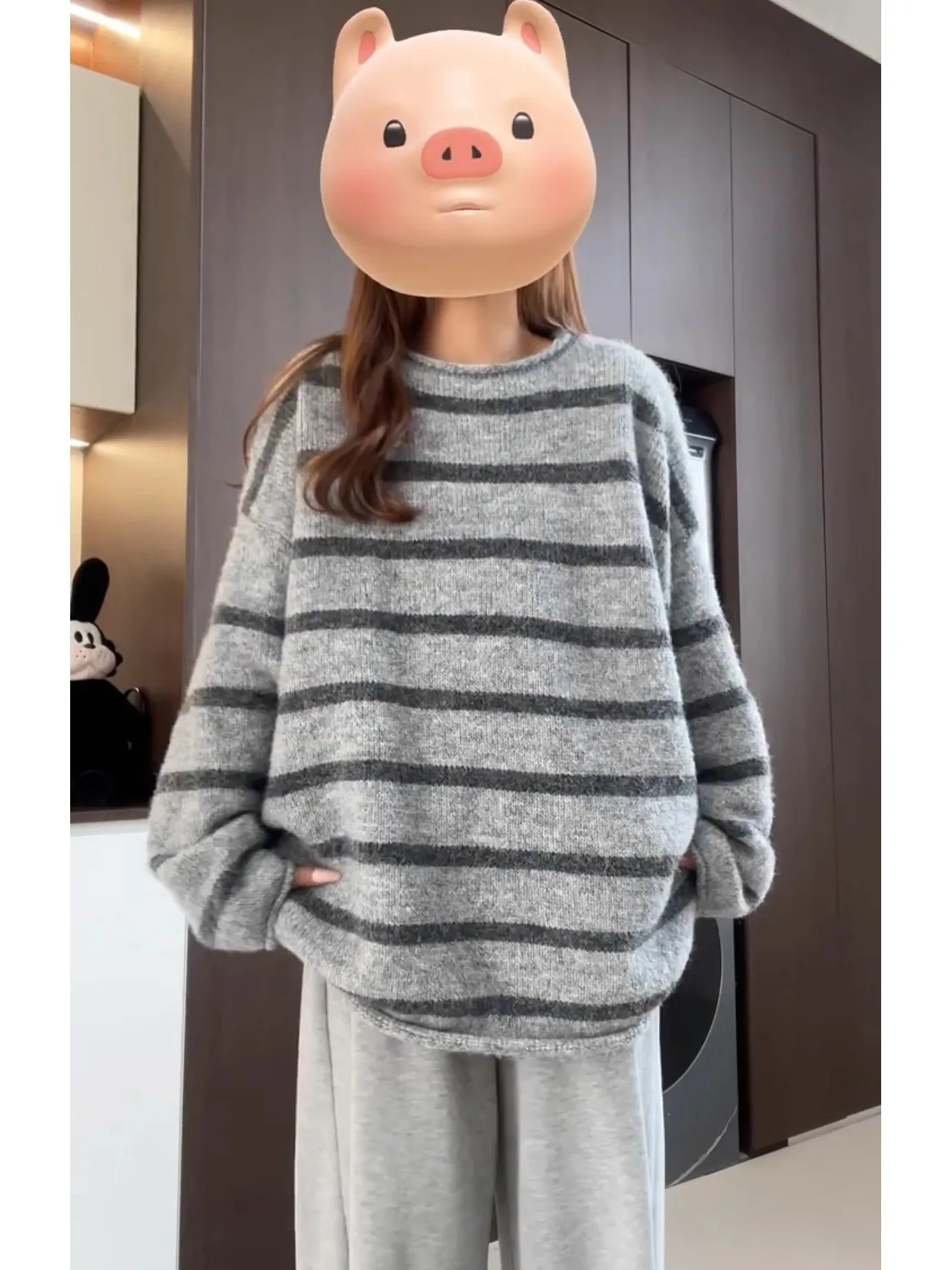 

Ретро-свитер в полоску с круглым вырезом и длинными рукавами, вязаный, женский, свободный, в стиле lazy, для ношения под одеждой, осенняя новинка, для повседневной носки