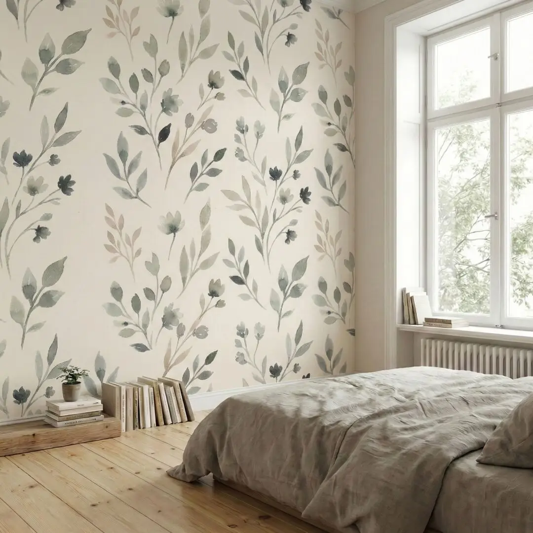Waterproof Modern Botanical Nature Sage Green Watercolor Floral Leaf Wall Mural Wallpaper Decor for Bedroom Living Room Bed Art