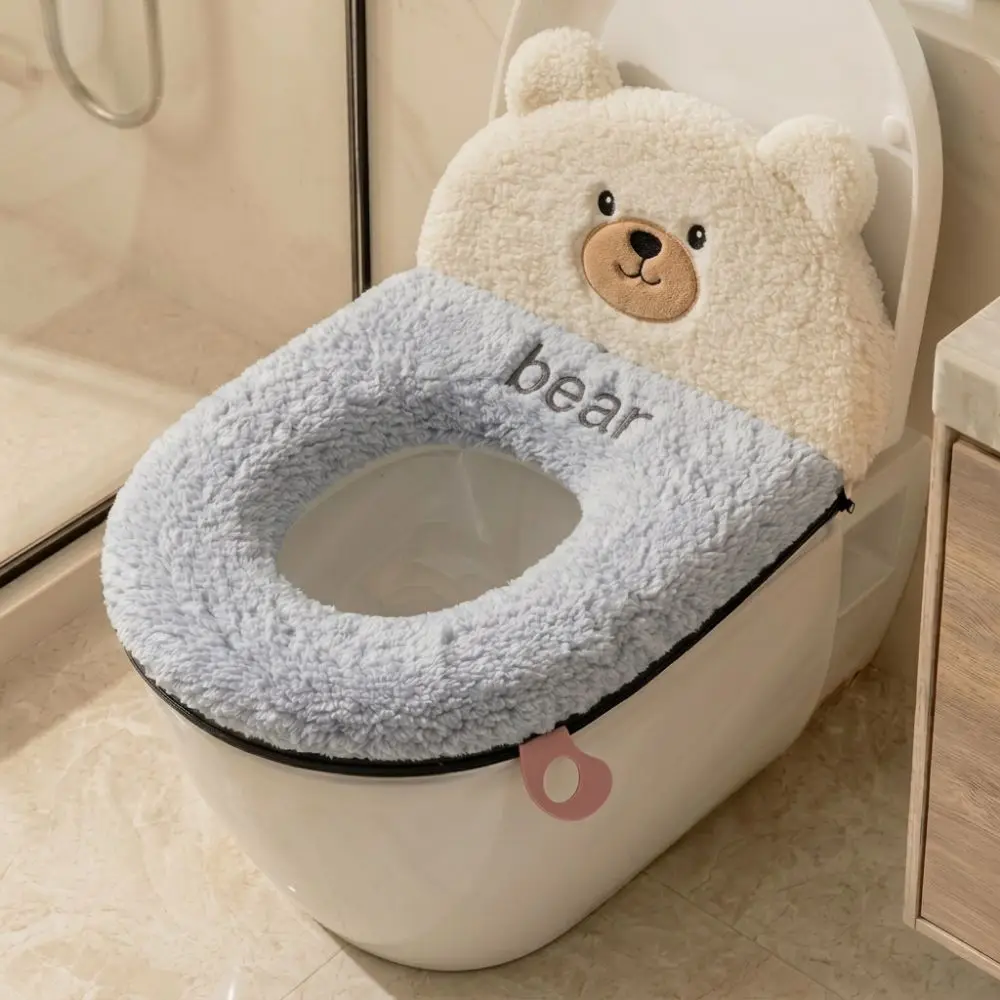 Thickened Cartoon Bear Toilet Seat Pad Washable Zipper Closure Toilet Mat with Backrest Full Wrap Removable