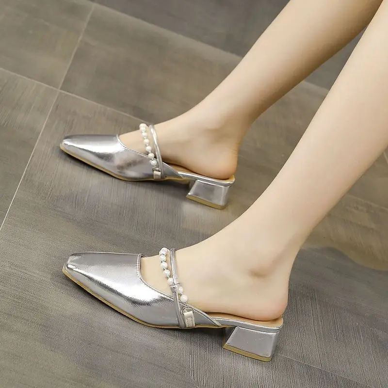 

Silver Open Toe Block Heel Sandals for Women 2026 Summer Fashion Slip-On Mules with Ankle Strap