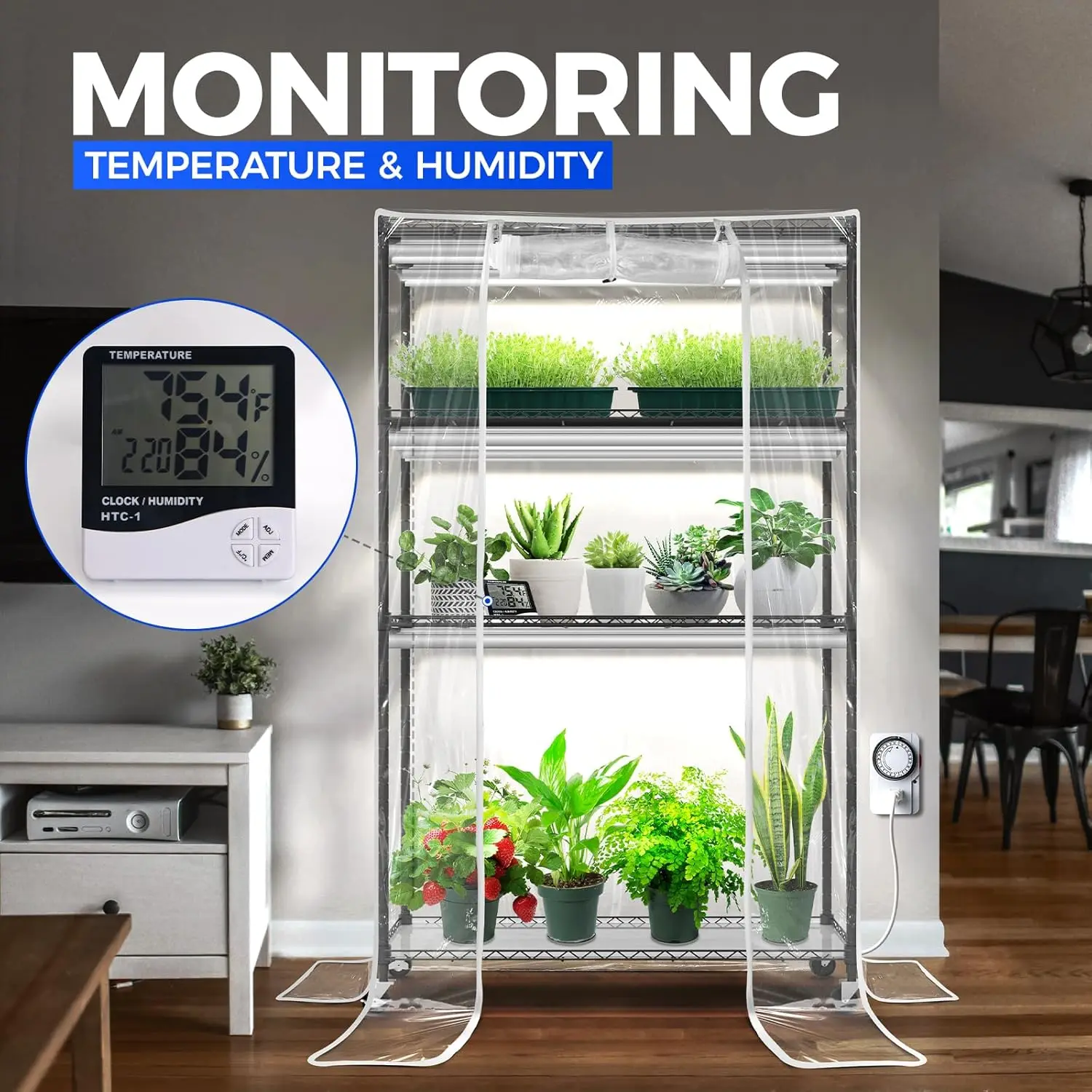 Indoor Use, Metal, No Color Mentioned, 4-Tier with 6PCS 30W Full Spectrum Grow Lights and Thermometer for Seed Starting
