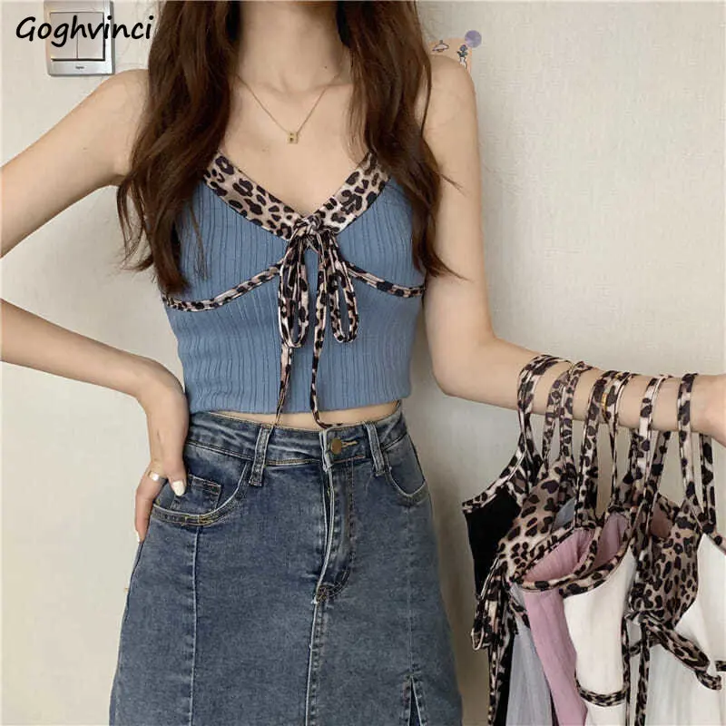 Camis Women Leopard Vintage 5 Colors Korean Style Summer Chic V-neck Fashion Crop Tops Hotsweet Slim Female Popular Temperament