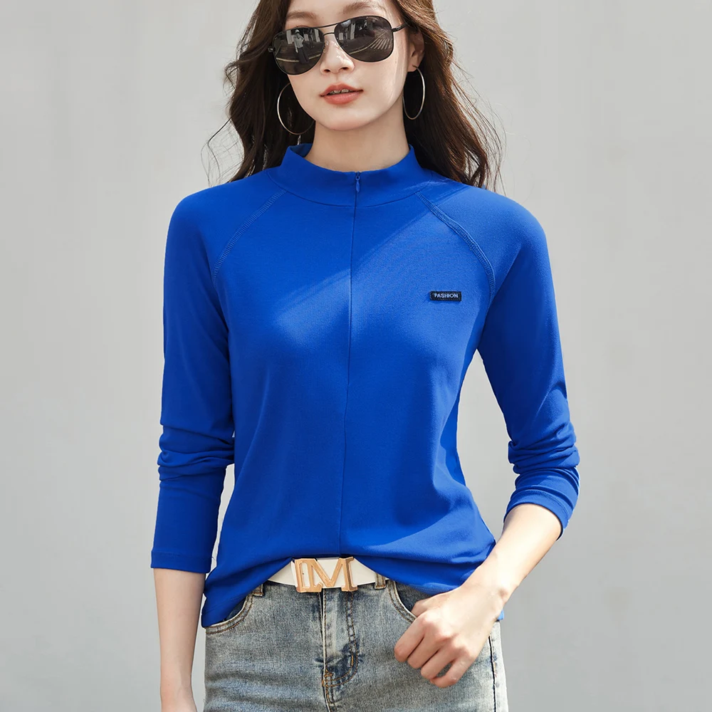 European style blue long sleeved T-shirt for women's autumn new high-end cotton fashion plus plus size stand up collar casual to