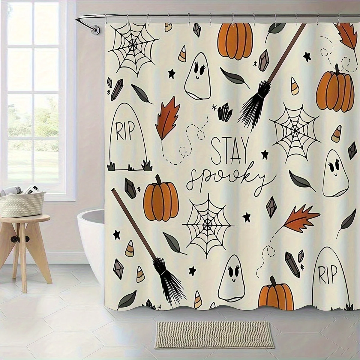 Cartoon Pumpkin Broomstick Halloween Shower Curtain w/ Hooks, Soft Fade Resistant Window Curtain for Bathroom, Chic Home Decor