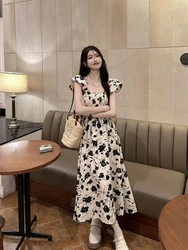 Flying Sleeve Dress Women's Summer New Hepburn Style Fashion Long Dresses Vestidos Sense Floral Waist Slimming Tea Break Skirt