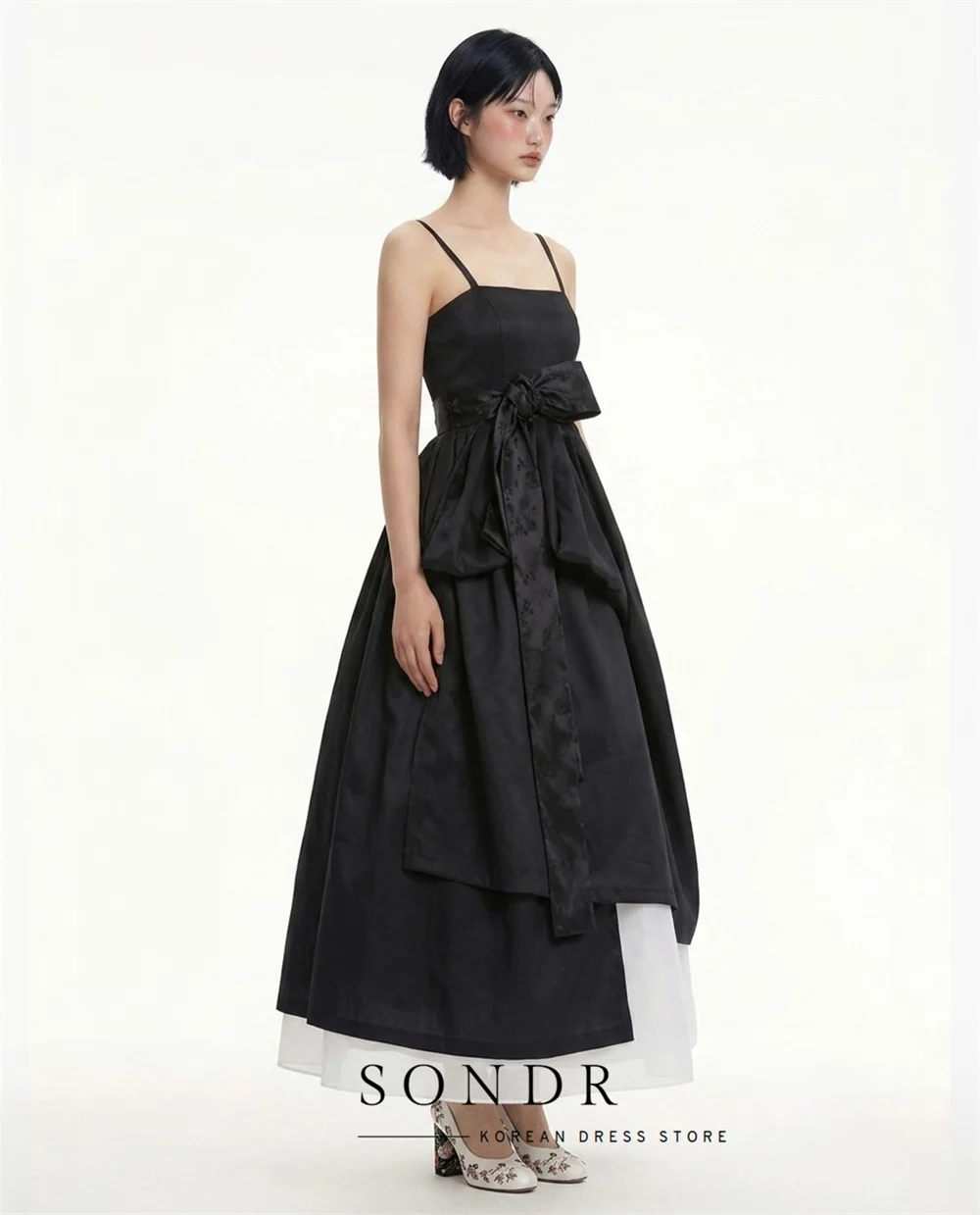 Sondr Black Spaghetti Strap Korean Evening Dresses Ankle-Length Customized Gift Bow Women Party Dresses