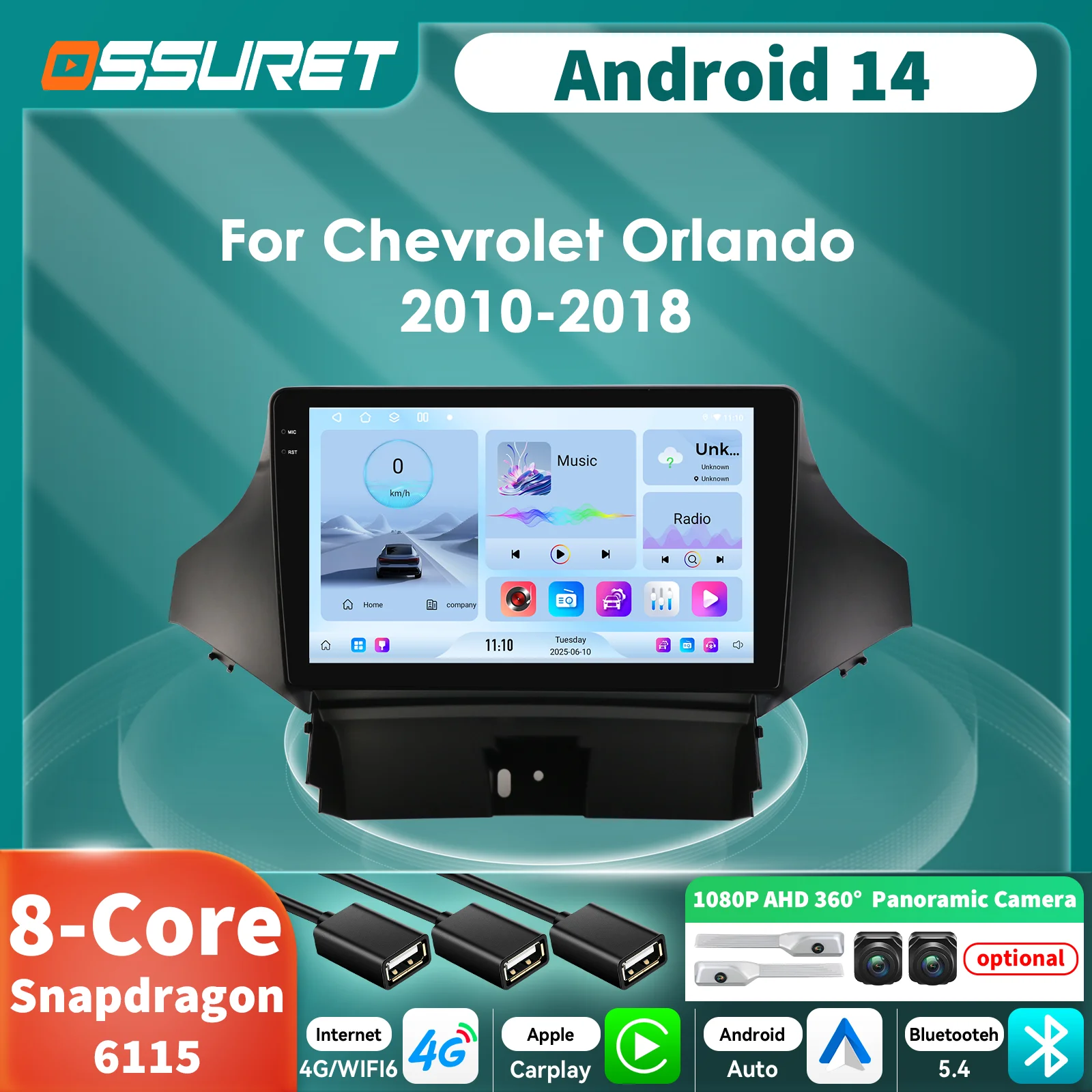 9 "2din Carplay Android 14 autoradio per Chevrolet Orlando 2010-2018 di Snapdragon 6115 Autoradio GPS Multimedia 360 Cam Screen