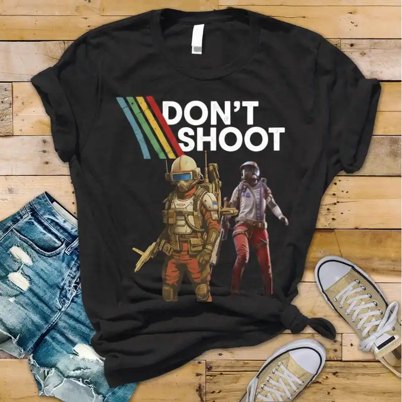 

DON'T SHOOT Retro Arcade Gaming Shirt Sarcastic Funny Video Game Raiders Tee Emote Style Gift with ARC Stripes Man Cotton Tees