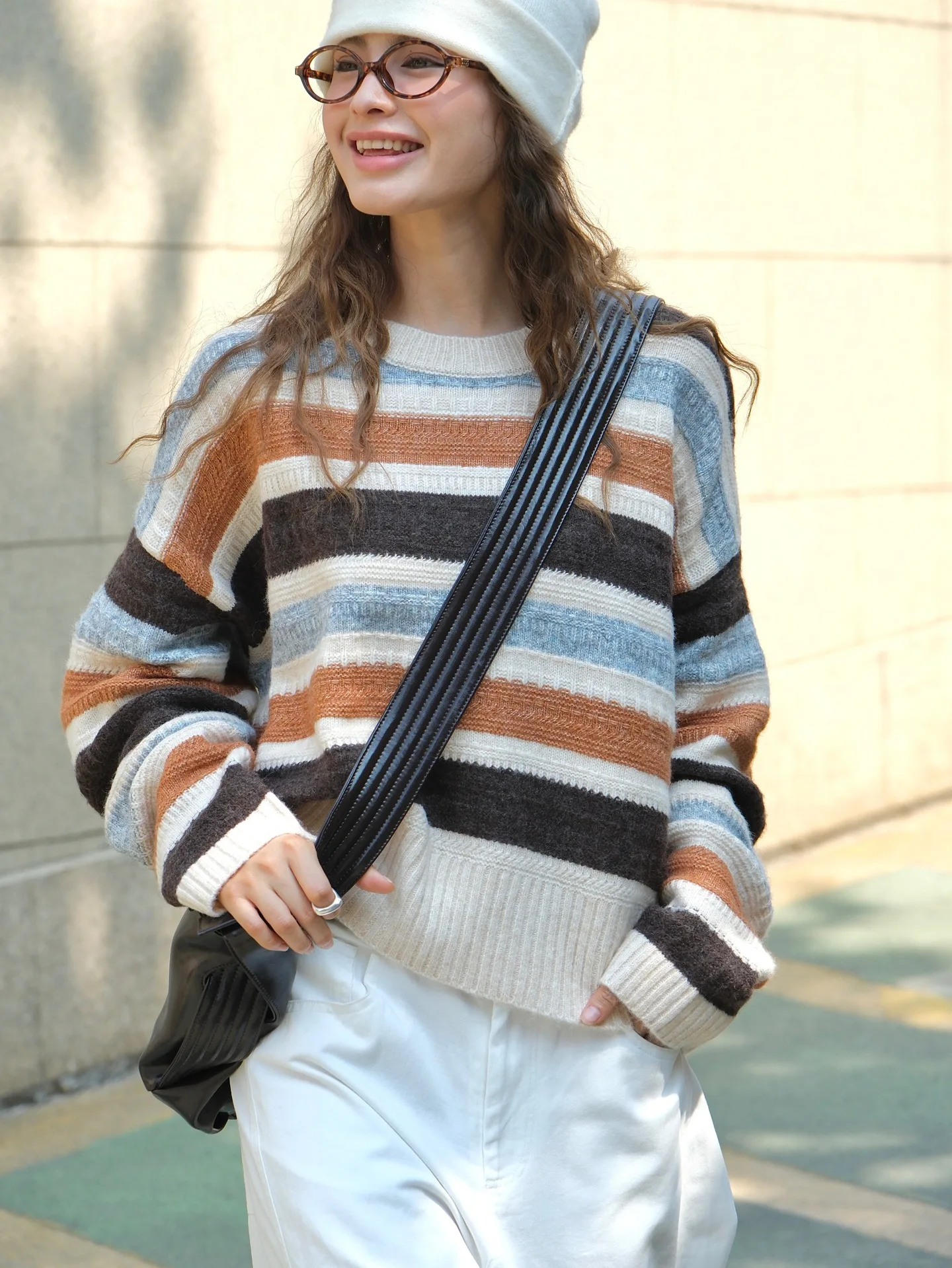 Spring and Autumn Women\'s Casual Striped Round Neck Long Sleeve Loose Sweater