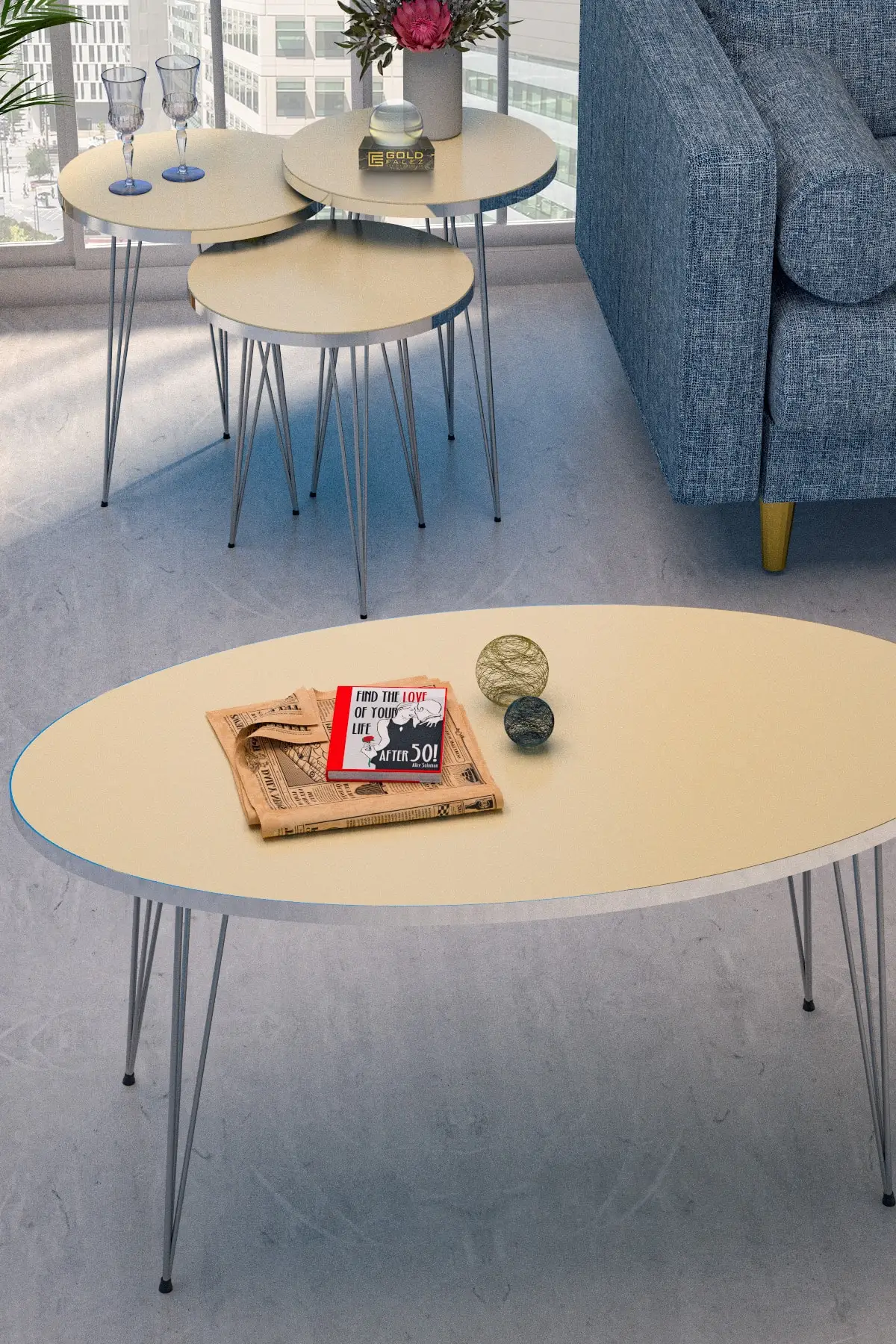 Modern Nest Table And Center Table 4 Pieces Ellipse Set Silver Cream Wire Metal Leg De Mounted Service Tea Coffee Service Service Tab