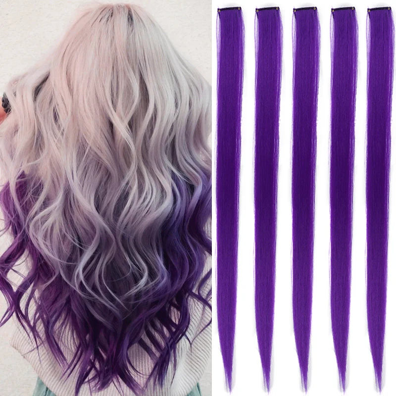 

5Pcs Synthetic Straight Clip in Hair Extensions 22inch Long Purple Hair Extensions Colored Party Highlights for Women Christmas
