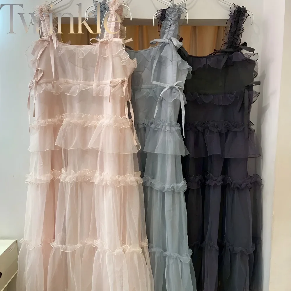 Japanese Sweet Tulle Mesh Ruffled Pinafore Dress Women Puffy Princess Gown Loose Full Skirt Kawaii Fairy Long Maxi