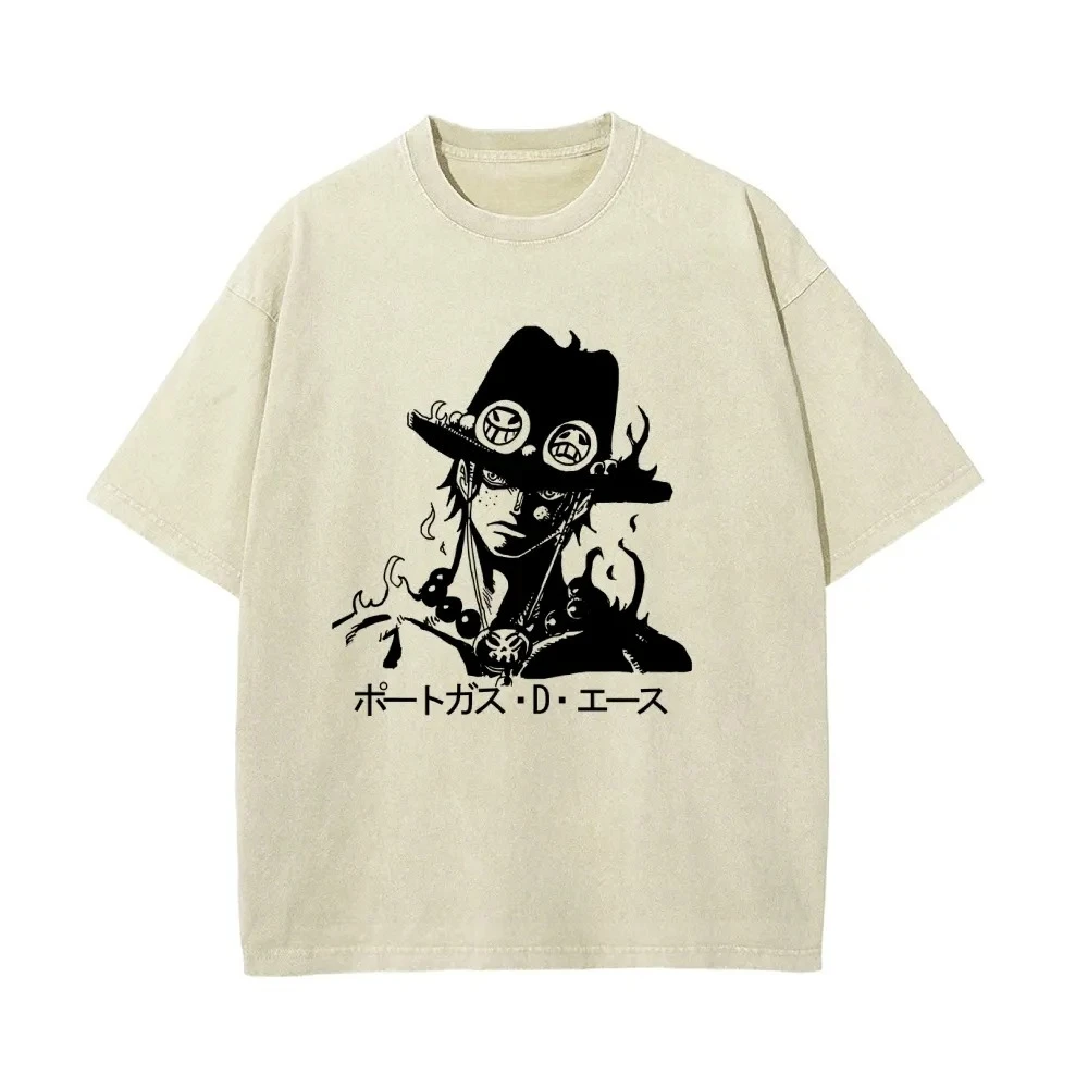 One Piece Herren- und Damen-T-Shirt im Used-Look, Portgas D. Ace Kleidung, Sommer-Frühling Anime Klassisches T-Shirt, Retro Distressed Kurzarm
