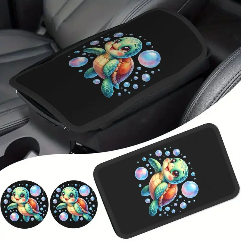 1Pc Car Armrest Cover & 2Pcs Cup Coasters Set, Cute Sea Turtle Bubbles Print Car Interior Decor