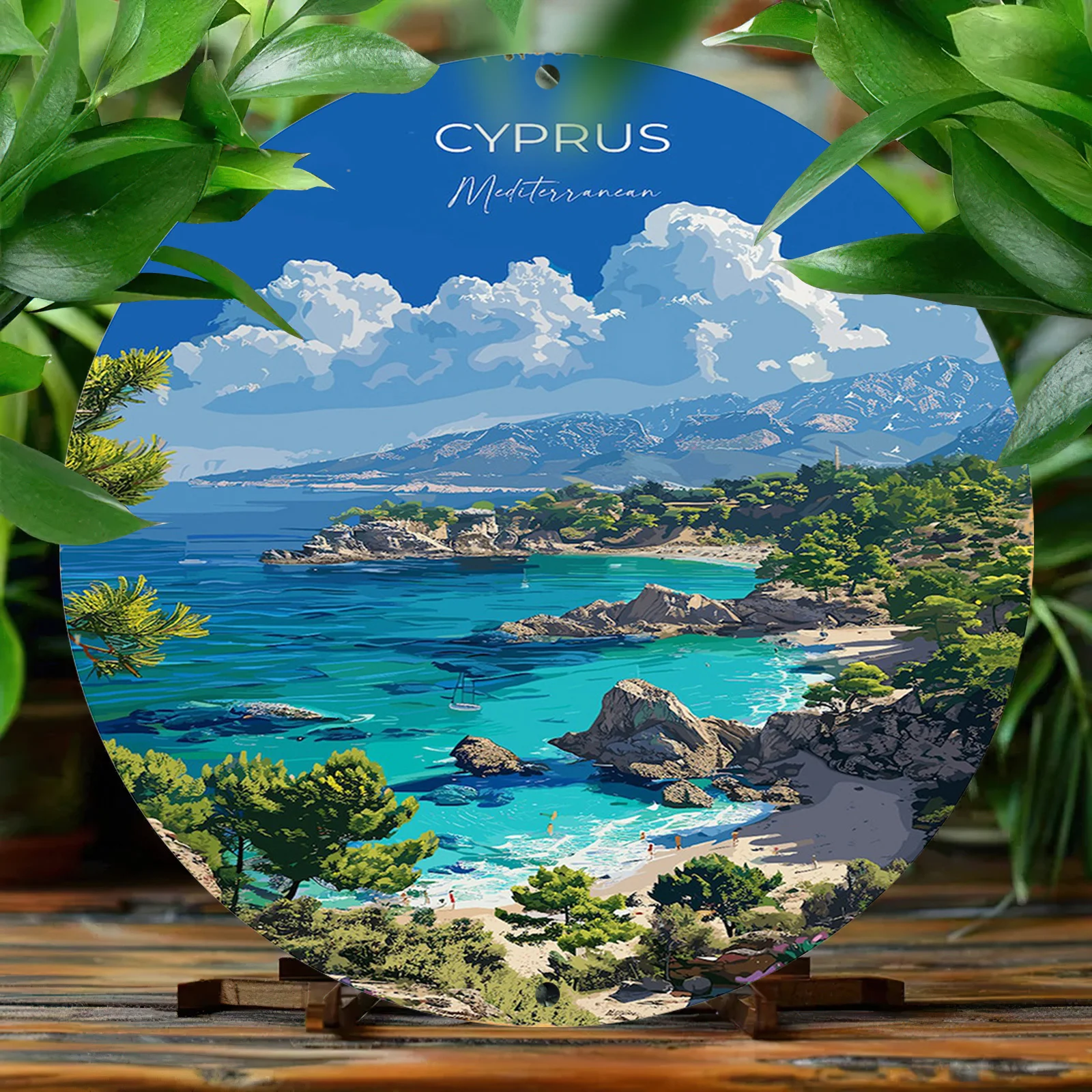 Round Cyprus Mediterranean Turquoise Coast Bay Scenery Round Metal Sign 8Inch/20cm 2D Flat Beach Vacation Tiki Bar Wall Decor Gi