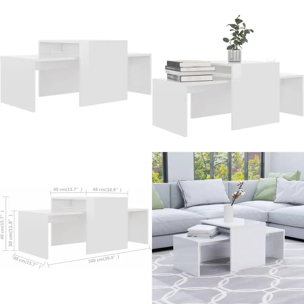 Moderne woonkamer salontafelset met bijzettafels, hoogglans wit accentmeubilair