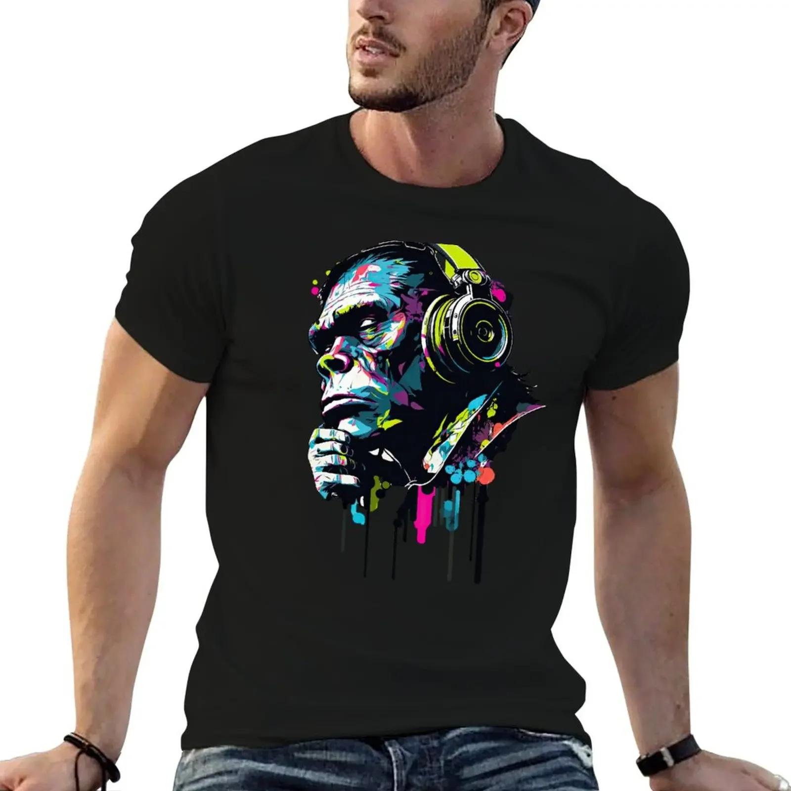 

Monkey Thinker Music Lover art T-Shirt anime figures street wear summer clothes cute tops compression shirt men