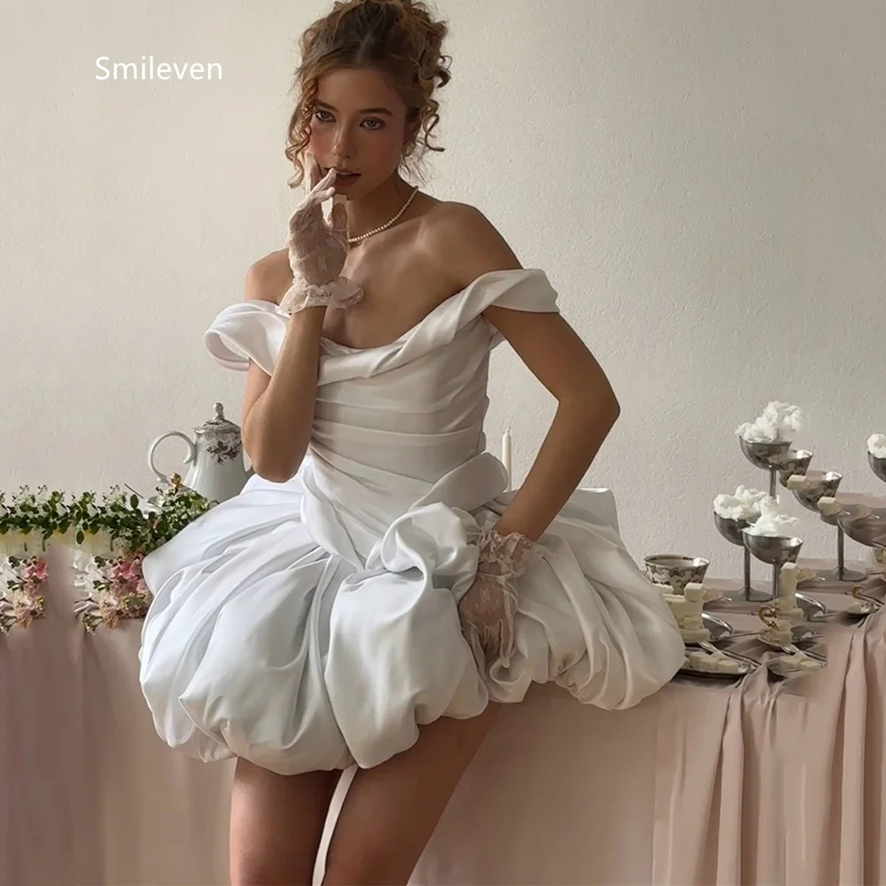 Smileven White Bubble Skirt wedding Dresses Off Shoulder Short Sleeve Bridal Dress Lace Up Back Gowns Customized 2026