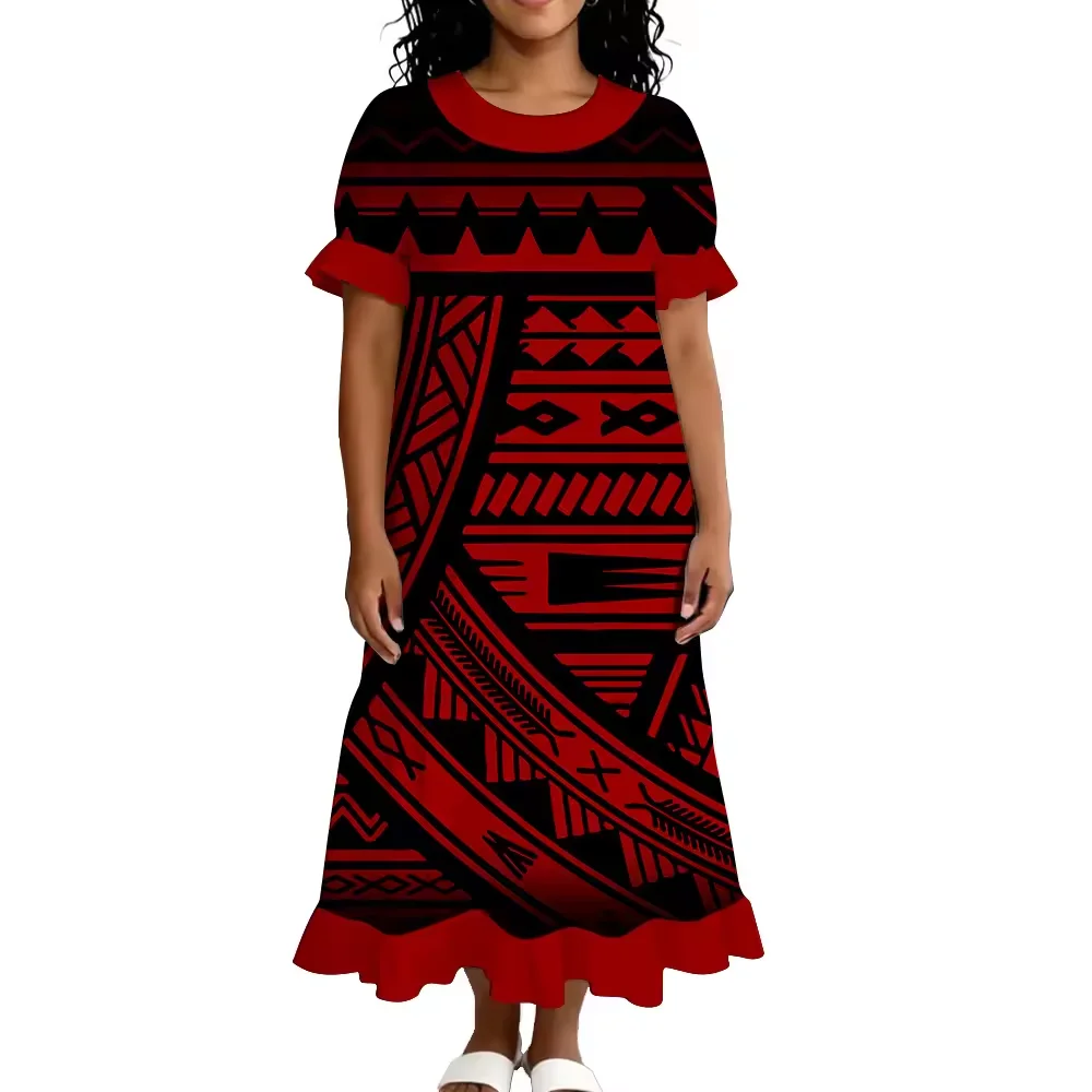 Vestido Longo Maxi Estilo Ilha com Estampa Tribal Polinésia, Manga Curta com Babados, Cinza e Preto, Vestido Casual Solto Plus Size, Vestido Feminino 