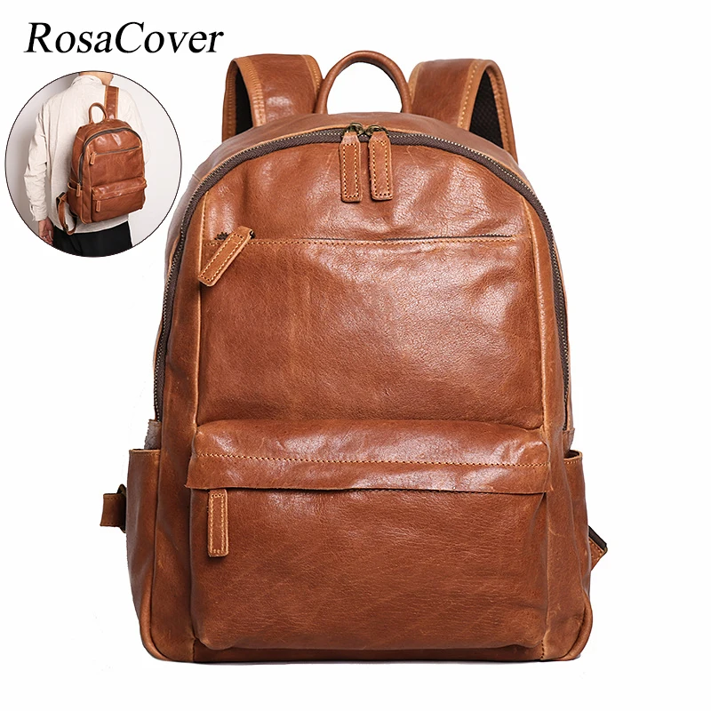 

Vintage Men and Ladies Outdoor Travel Backpack School Book Cowhide Backpack Brown Zipper 14 Inch Computer Notebook Bag Mochilas