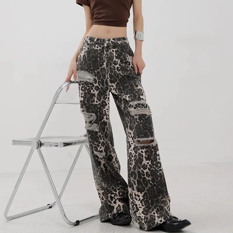 

2024 New Colorblock Leopard Hollow Out Denim 90S Pants Women High Waist Spliced Pocket Wide Leg Y2K Jean Female Leisure Fashion