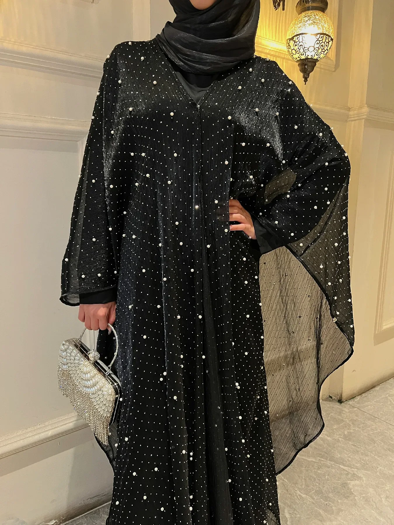 Star Light Abaya, glänzendes zweiteiliges Abaya-Set, Abaya-Cardigan und Basisschichtkleid