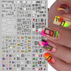 French Tips Stickers Black Geometric Lines Water Transfer Nail Decals Colorful Heart Letters Sliders Full Cover Nail Wraps