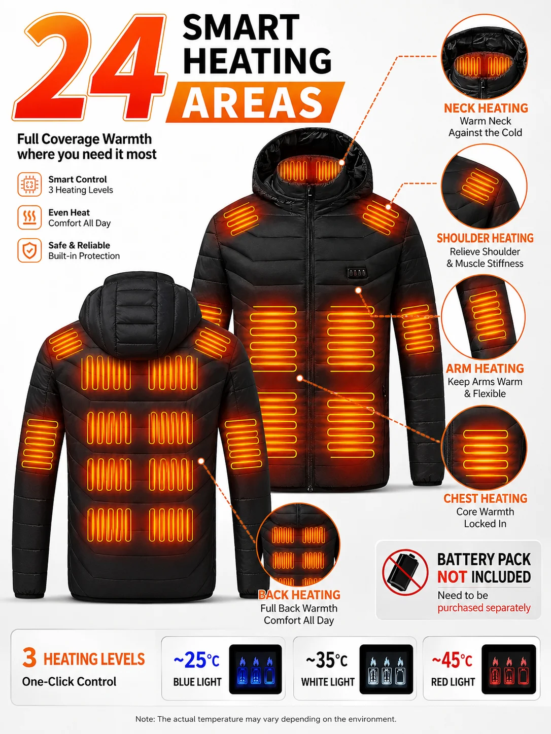 Men'S Heated Jacket with 3 Heat Settings, 24 Heating Zones, Hooded Winter Coat for Casual Outdoor Wear - Black, Polyester, Long Sleeve, Zip-Up, Four Control Buttons, Warmth for Autumn and Winter, Heated Jacket view 3