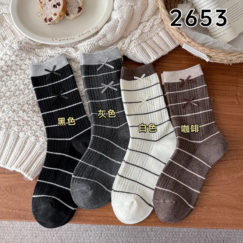 Bowknot Striped Slouchy Mid-Calf Socks Women Korean Maillard Style Knit Crew Socks Fall Winter Cute Stacked Boot Socks for Girl