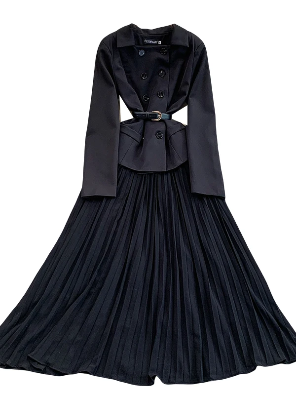 Hebe Sle Vintage Double-Breasted Kraag Dr vrouwen Herfst Winter Belted Afslanken Plaid Lange Rok Ci Pendelen A-lijn