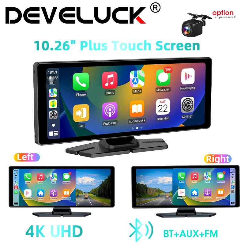 Develuck 10.26 Inch 4K Portable Wireless Carplay Screen Android Auto Car Radio Multimedia Player Touch Srceen BT Video Stereo