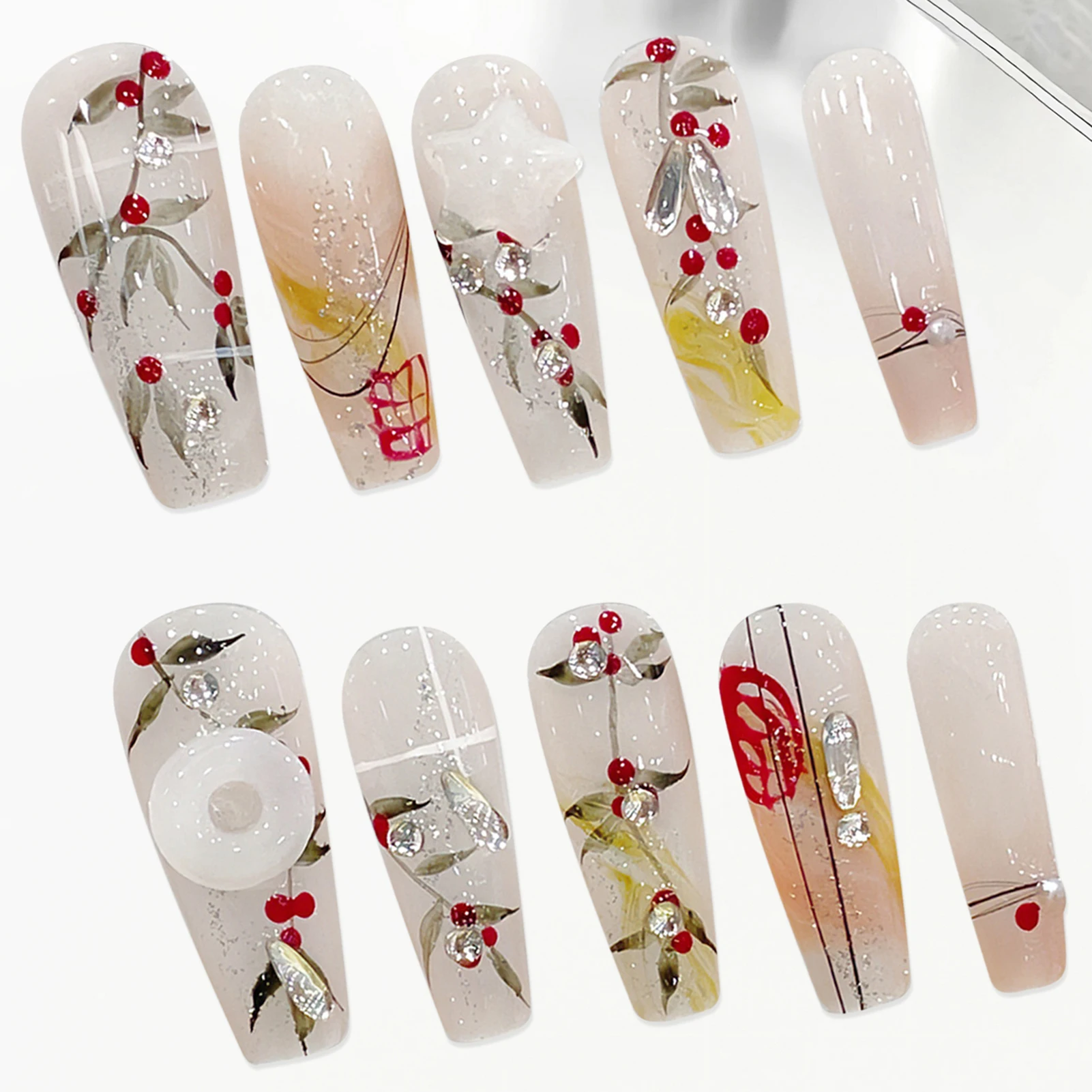 

10pcs Handmade Long T Fake Nails Hand Painted Little Cherry Press On Nail Full Cover Wearable Manicure Art For Spring Summer