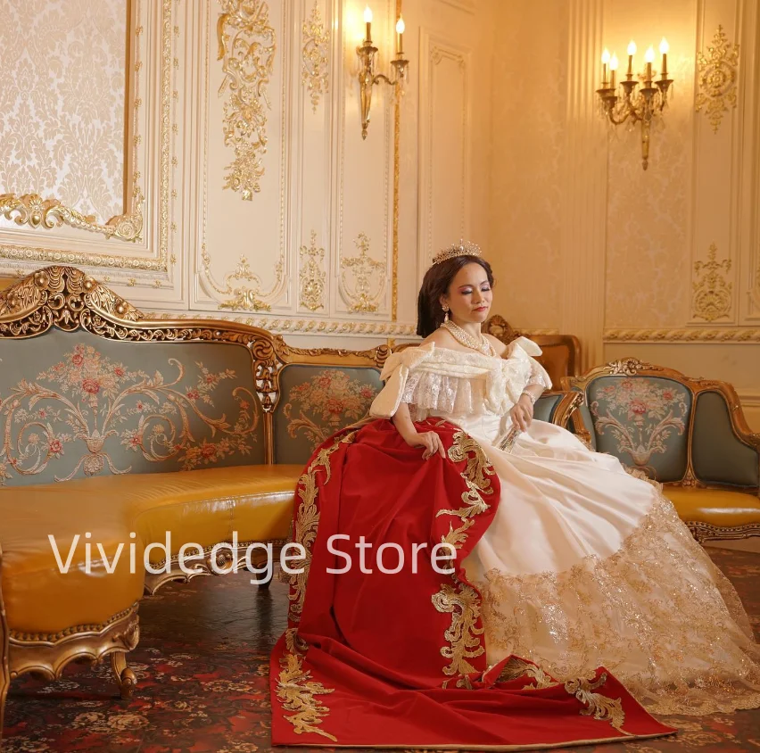 Robe de Bal Vintage Rouge et Or Personnalisée, Tenue de Soirée Victorienne