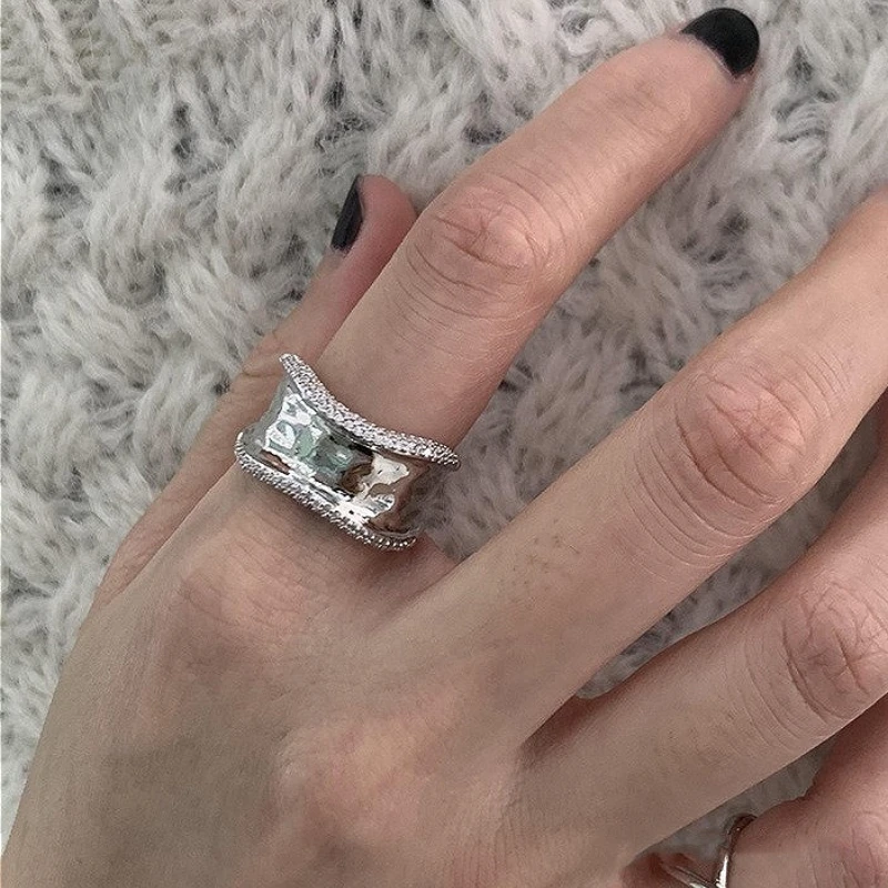 

925 Sterling Silver Double Layered Zircon Irregular Waves Adjustable Opening Ring for Women Fine Jewelry Minimalist Accessories