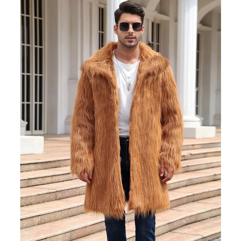 Luxury Brand Thick Warm Winter Men Big Lapel Faux Fur Coat Loose Mid-length Trench Coat Casual Fur Jacket Overcoat Mens Clothing