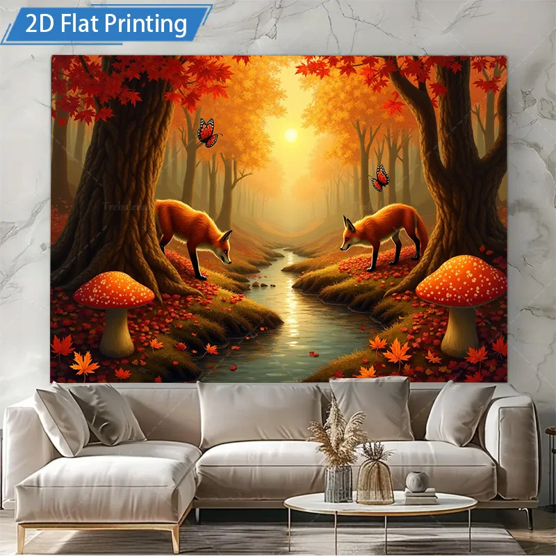 قطعة واحدة من نسيج الجدار لثعالب غابة الخريف - مشهد الطبيعة مع الفطر والفراشات