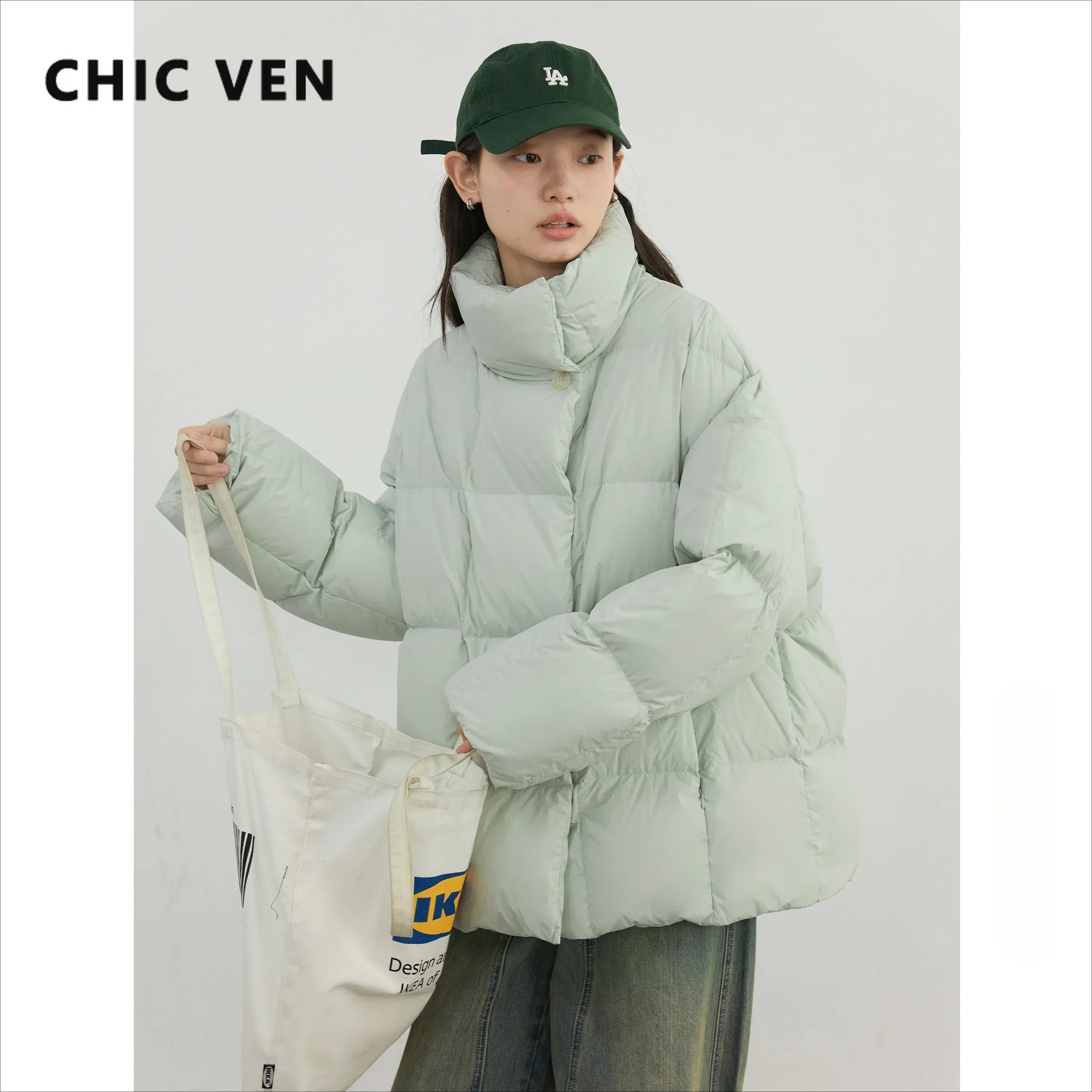 CHIC VEN Women Down Coats Solid Casual Loose Stand Up Collar Short Female Down Jacket Office Lady Overcoat Autumn Winter 2024