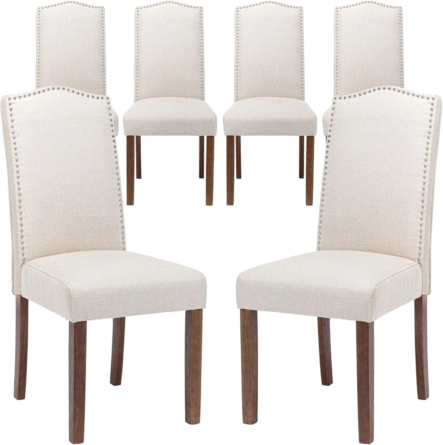 Upholstered Parsons Dining Chair with Nailhead Trim and Sturdy Solid Wood Legs, Beige, 6 Pcs