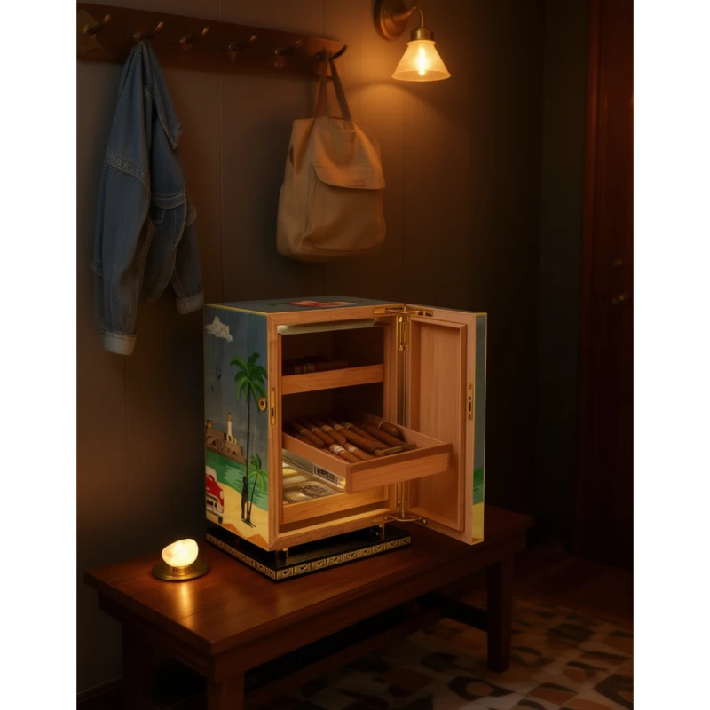3-Layer Wooden Cigar Humidor Storage 100 Cigars with Drawers & Beach Decor & Gold Lock