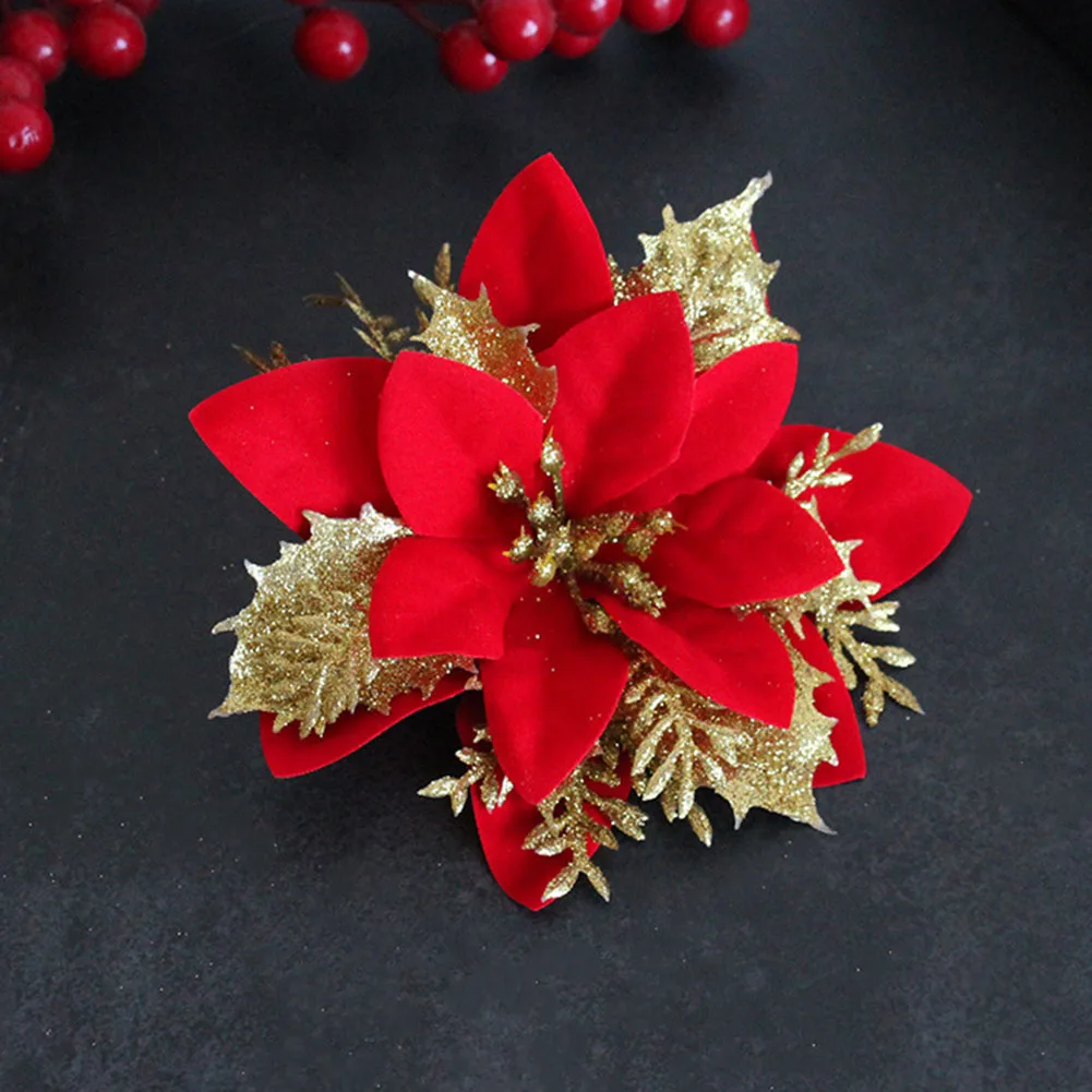 Natal poinsétia glitter flores artificial poinsétia cabeça de flor ornamento da árvore de natal decoração para casa navidad ano novo 2025