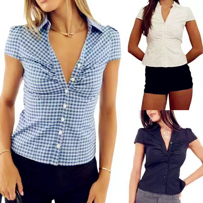 

Клетчатая рубашка с короткими рукавами, однобортные топы, женский топ на пуговицах, повседневная летняя повязка